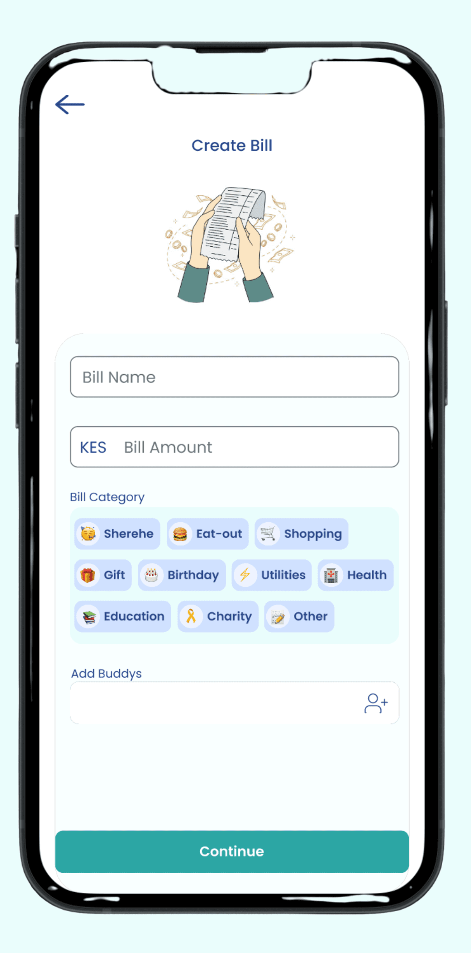 BillBuddys Create Bill Screen